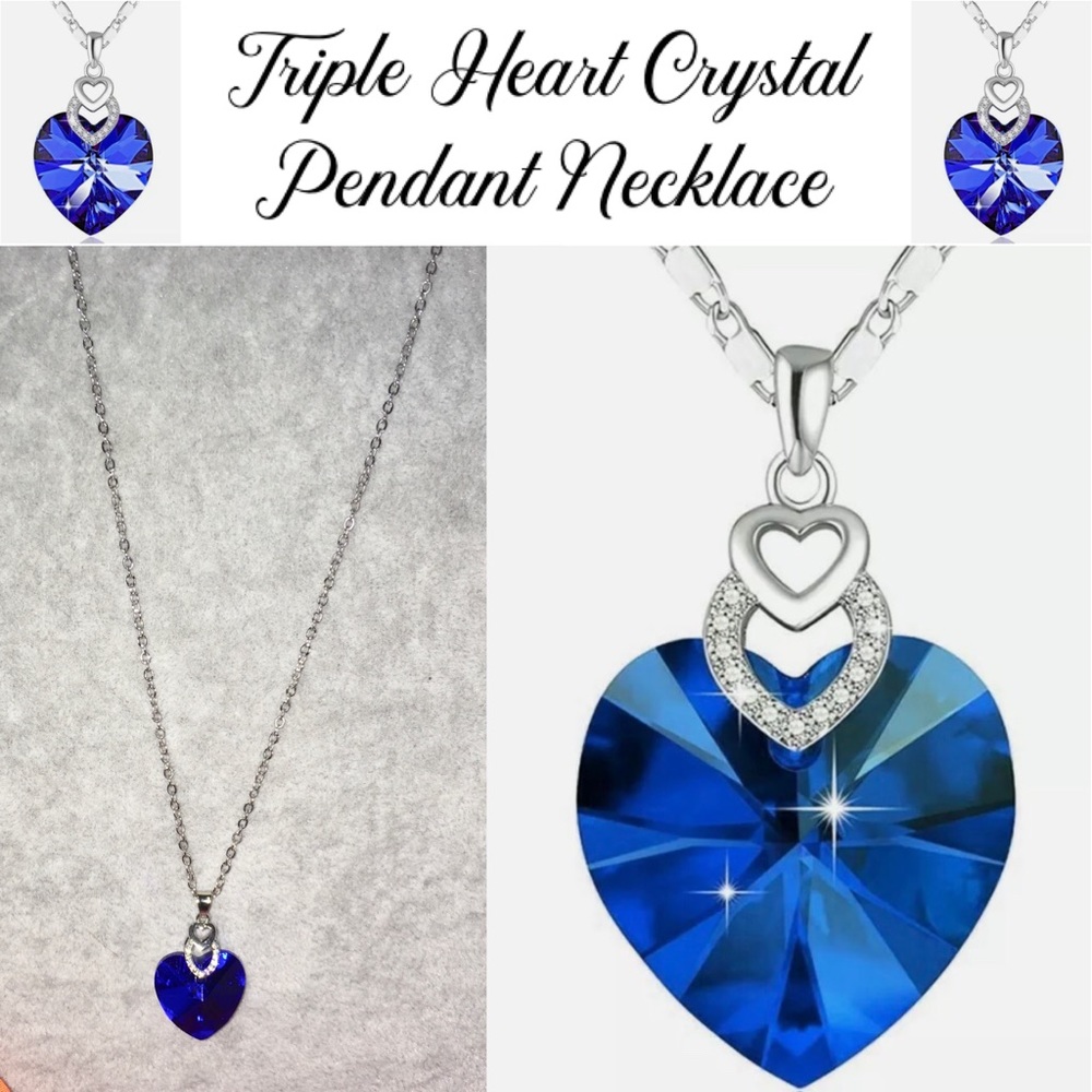 Regal Sapphire Crystal 3 Heart Pendant Necklace